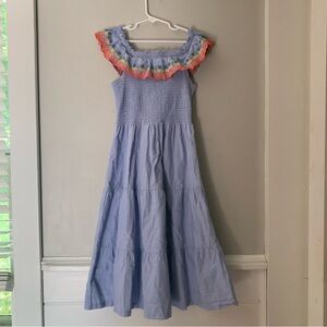 Mini Boden Dress 11-12 Smocked Embroidered Blue Sundress